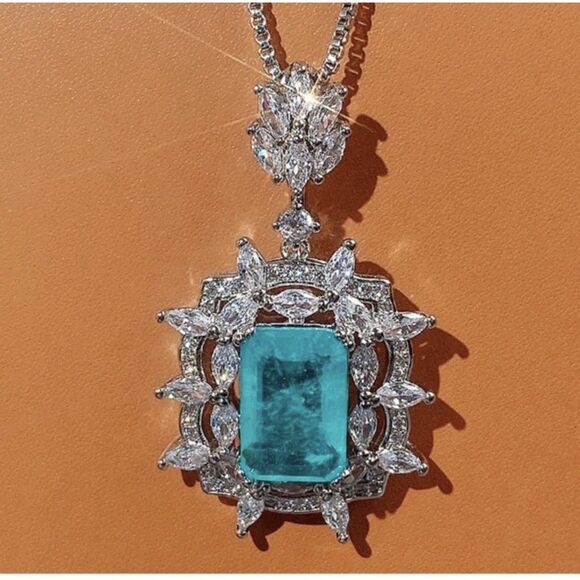 Lab Created  Paraiba Tourmaline &Zircon vintage inspired silver Pendant necklace - Picture 10 of 16